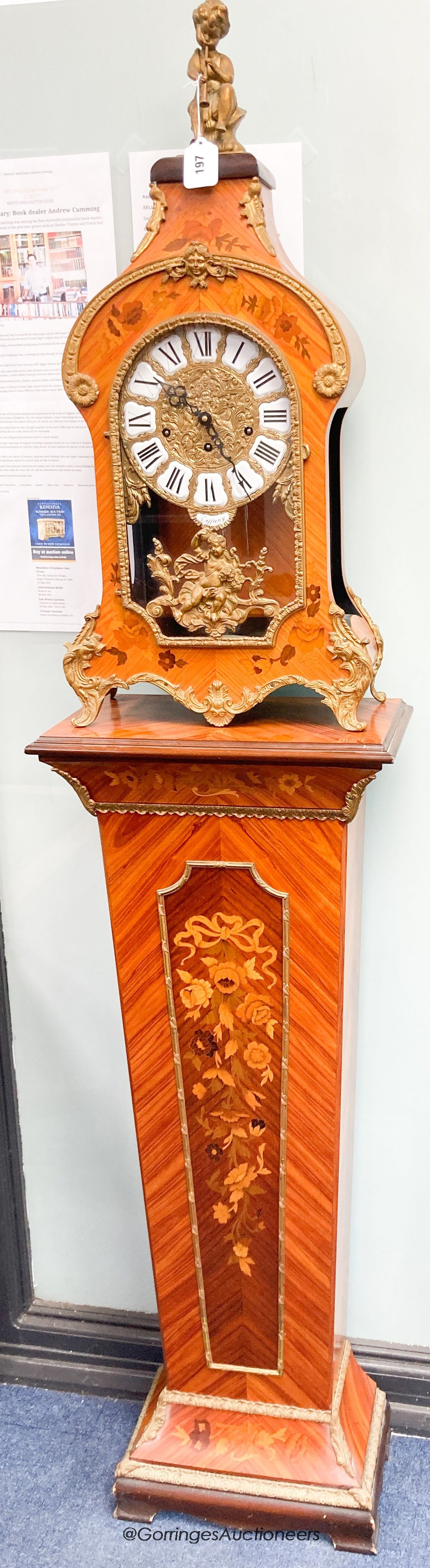 A reproduction Louis XVI style inlaid kingwood bracket clock with matching pedestal, height 190cm